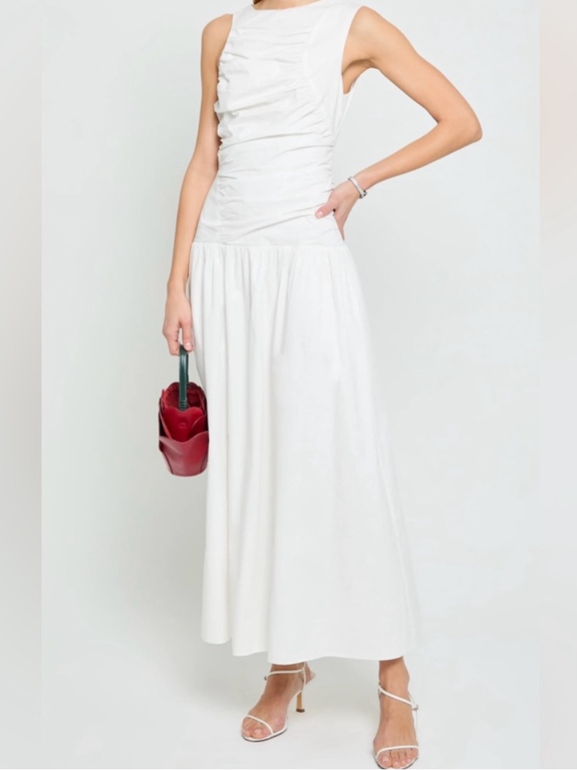 White Sleeveless Ruched Drop Waist Maxi Dress By O.P.T